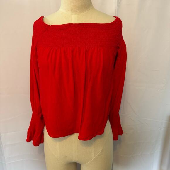 Forever 21 Red Smocked Off Shoulder Long Sleeve Blouse Women's Small - Picture 1 of 4